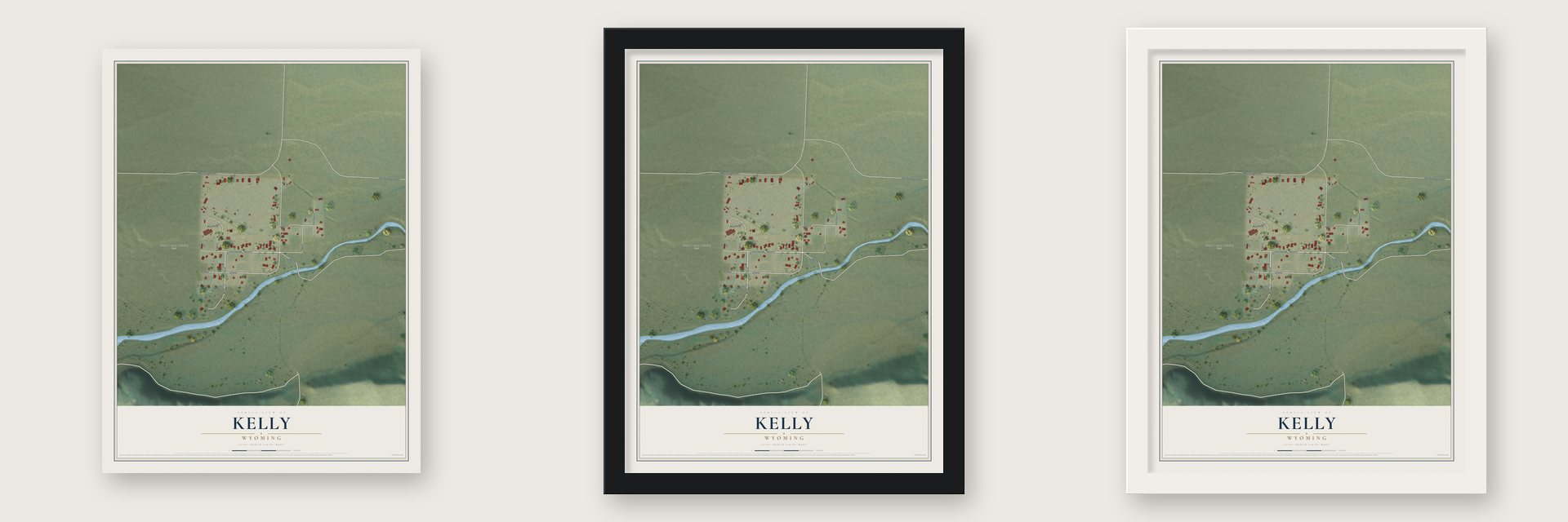 Kelly, Wyoming map unframed, in a black wood frame and in a white wood frame