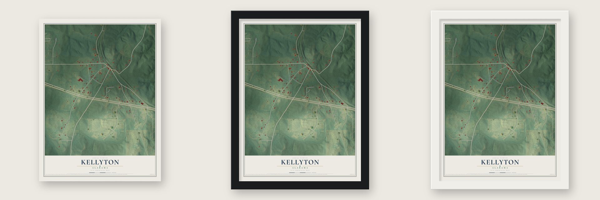 Kellyton, Alabama map unframed, in a black wood frame and in a white wood frame