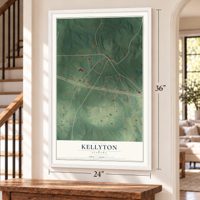 Kellyton, Alabama map, 24 x 36 inch print in a white frame by a staircase