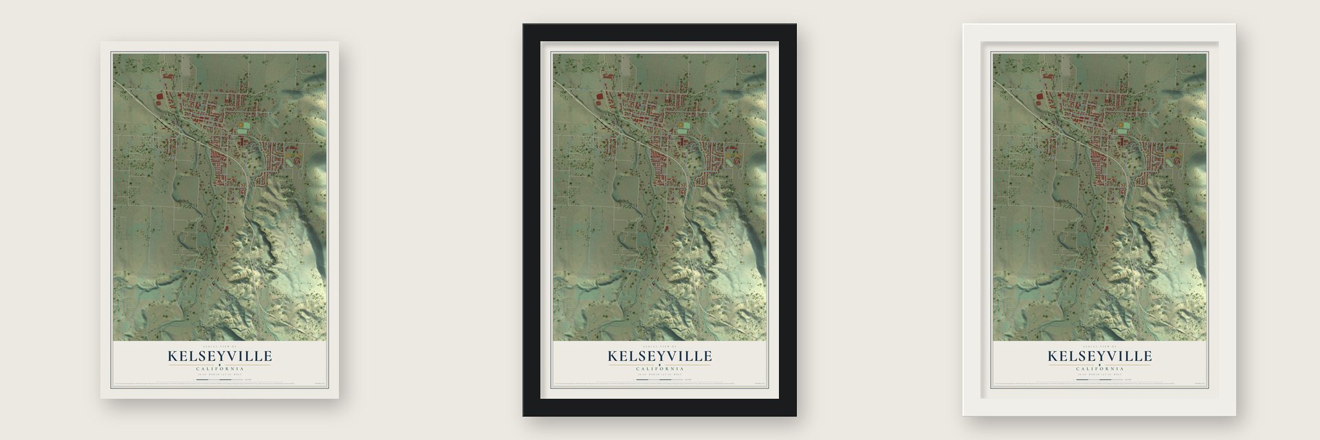 Kelseyville, California map unframed, in a black wood frame and in a white wood frame