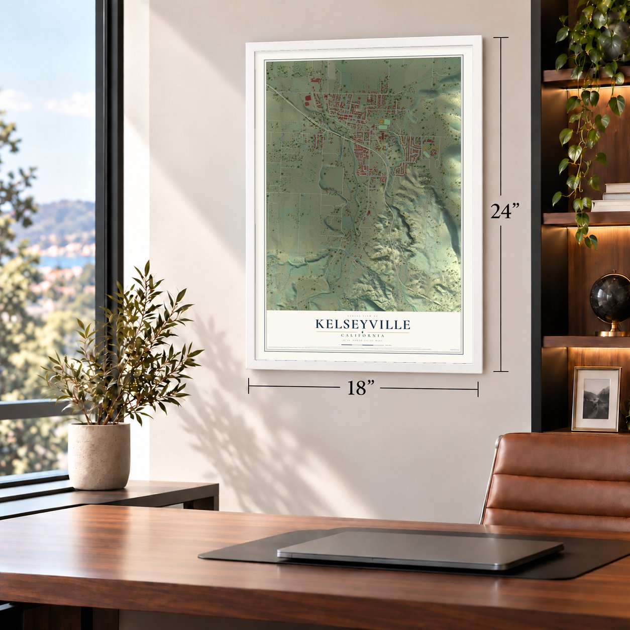 Kelseyville, California map, 18 x 24 inch print in a white frame in a home office