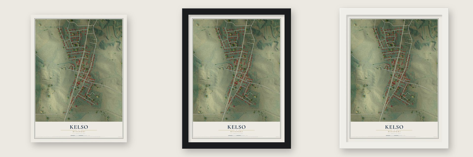 Kelso, Missouri map unframed, in a black wood frame and in a white wood frame