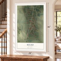Kelso, Missouri map, 24 x 36 inch print in a white frame by a staircase