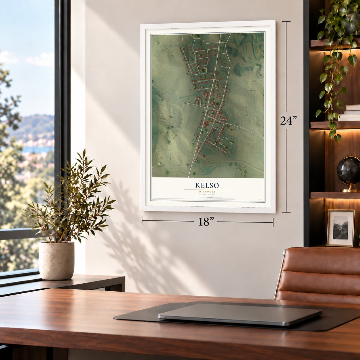 Kelso, Missouri map, 18 x 24 inch print in a white frame in a home office