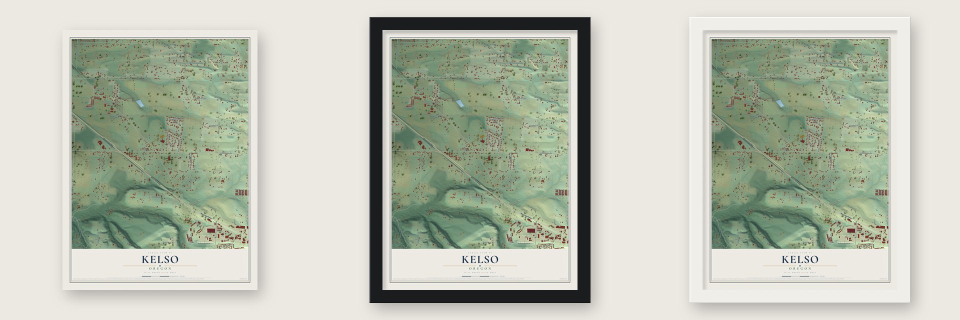 Kelso, Oregon map unframed, in a black wood frame and in a white wood frame
