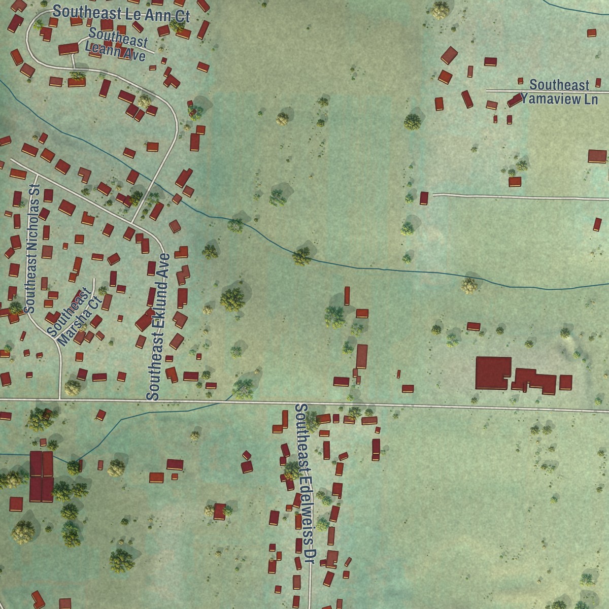 Second close-up of the map of Kelso, Oregon print showing more streets and buildings