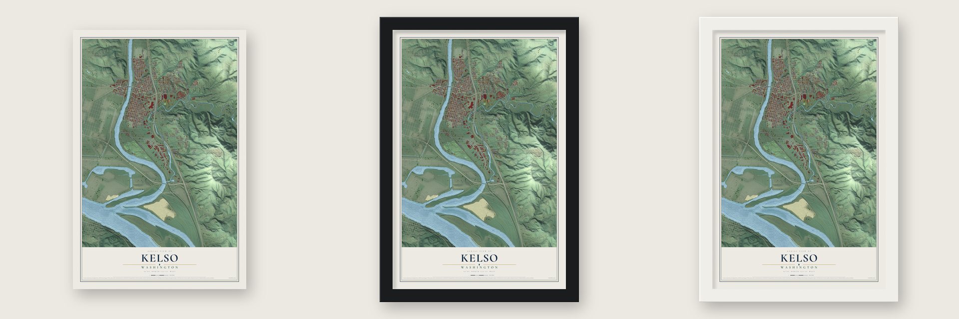 Kelso, Washington map unframed, in a black wood frame and in a white wood frame