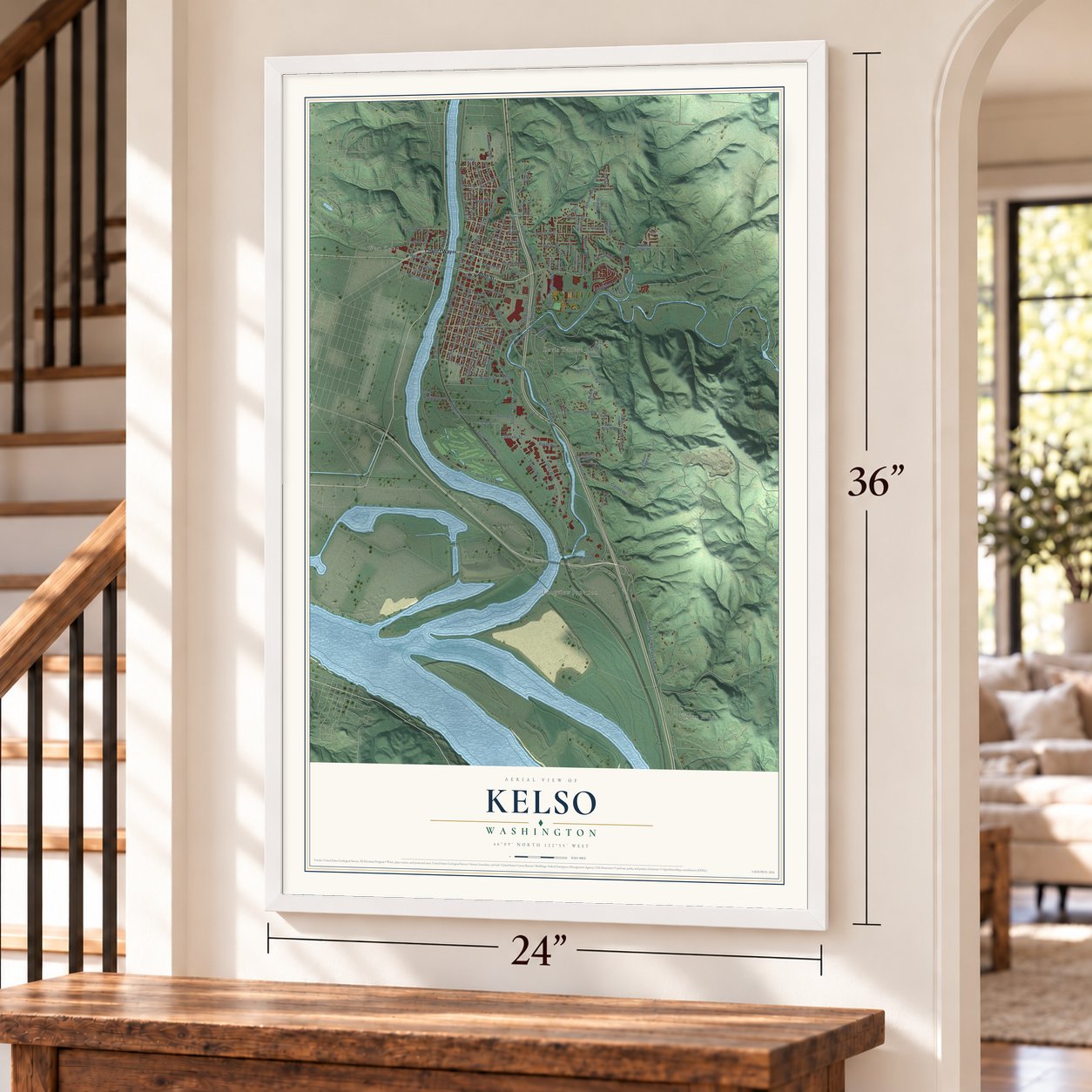 Kelso, Washington map, 24 x 36 inch print in a white frame by a staircase
