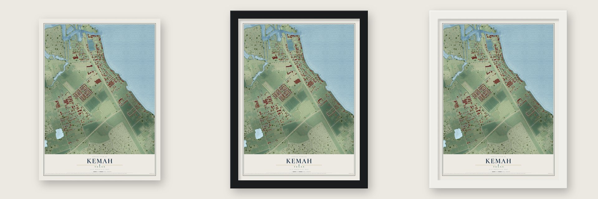 Kemah, Texas map unframed, in a black wood frame and in a white wood frame