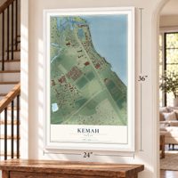 Kemah, Texas map, 24 x 36 inch print in a white frame by a staircase