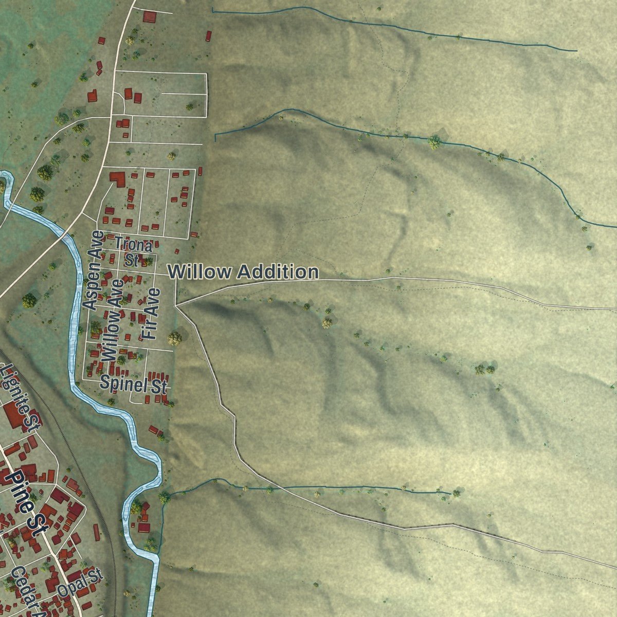 Second close-up of the map of Kemmerer, Wyoming print showing more streets and buildings