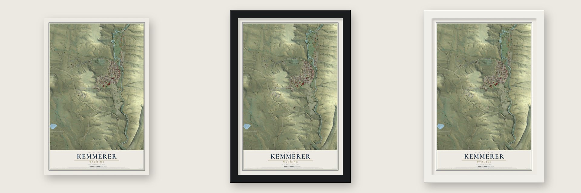 Kemmerer, Wyoming map unframed, in a black wood frame and in a white wood frame