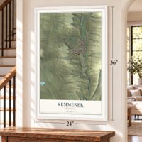 Kemmerer, Wyoming map, 24 x 36 inch print in a white frame by a staircase