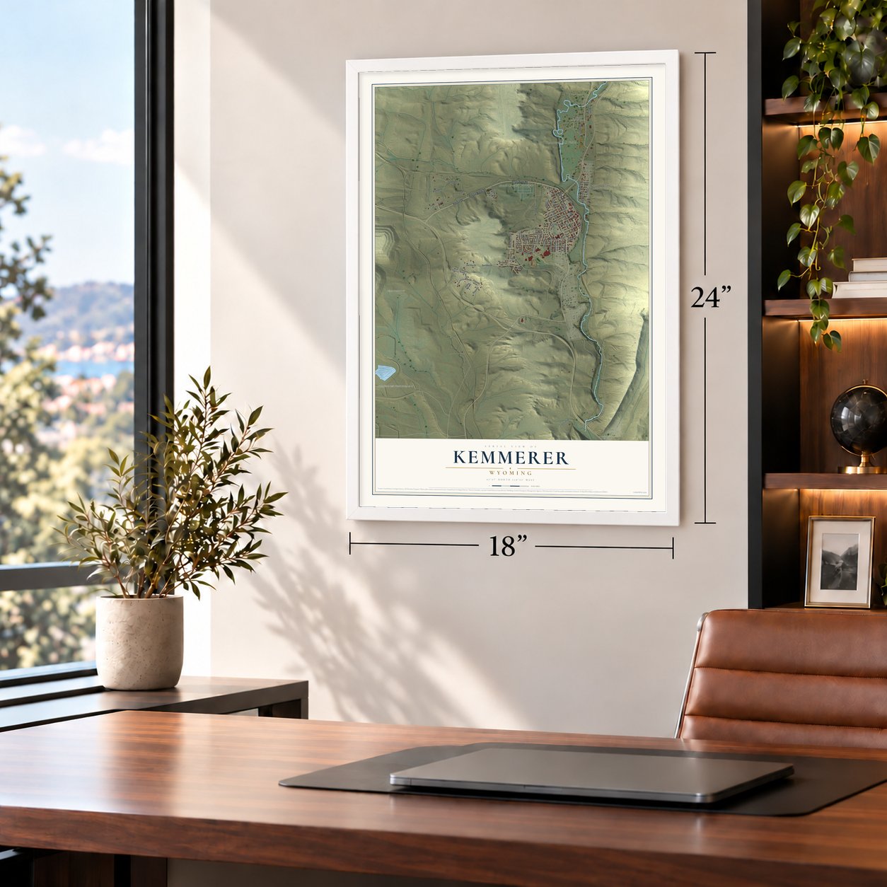 Kemmerer, Wyoming map, 18 x 24 inch print in a white frame in a home office