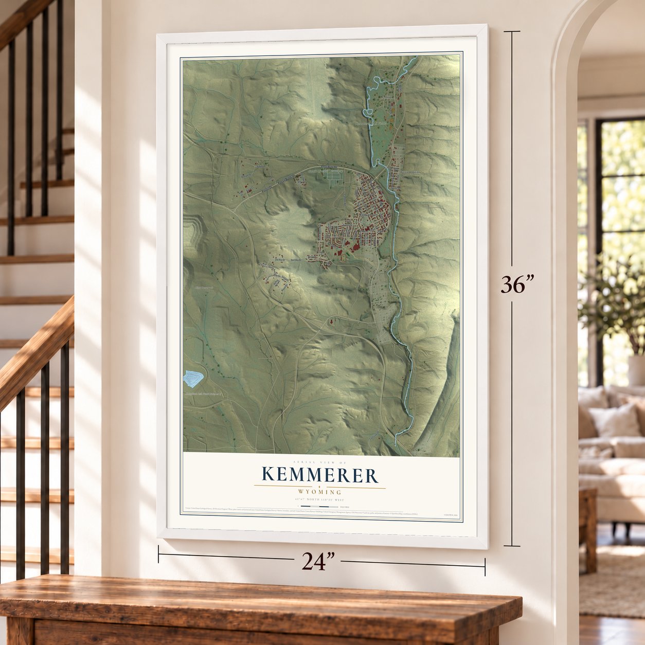 Kemmerer, Wyoming map, 24 x 36 inch print in a white frame by a staircase
