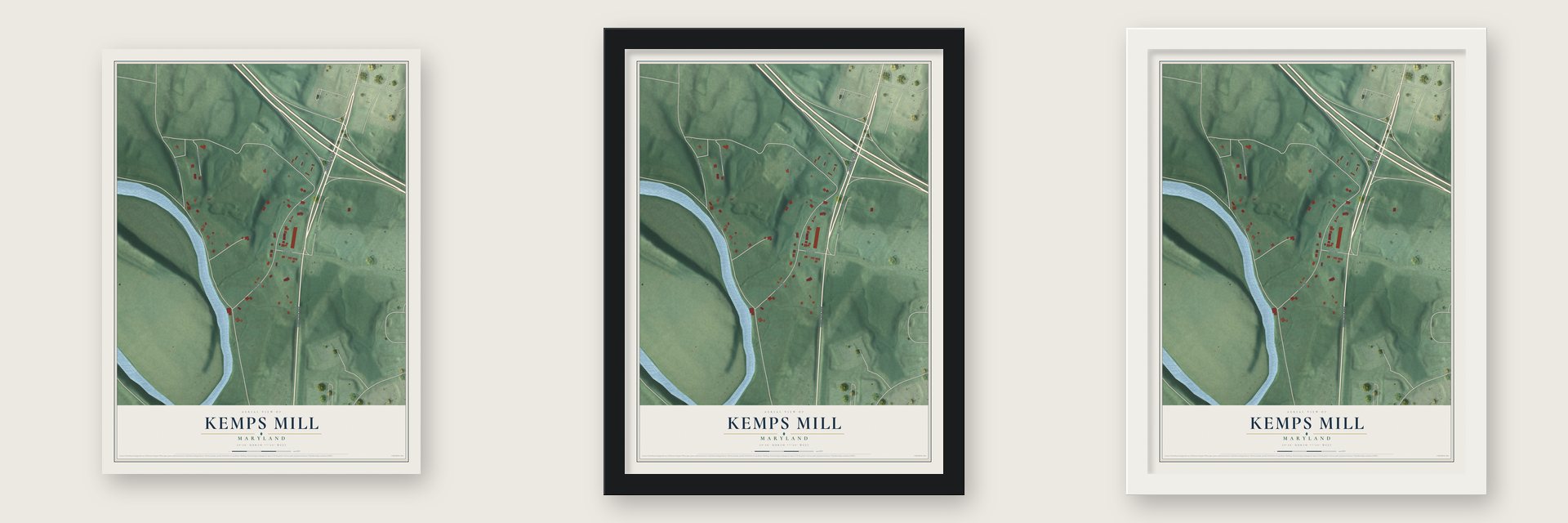 Kemps Mill, Maryland map unframed, in a black wood frame and in a white wood frame