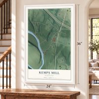 Kemps Mill, Maryland map, 24 x 36 inch print in a white frame by a staircase