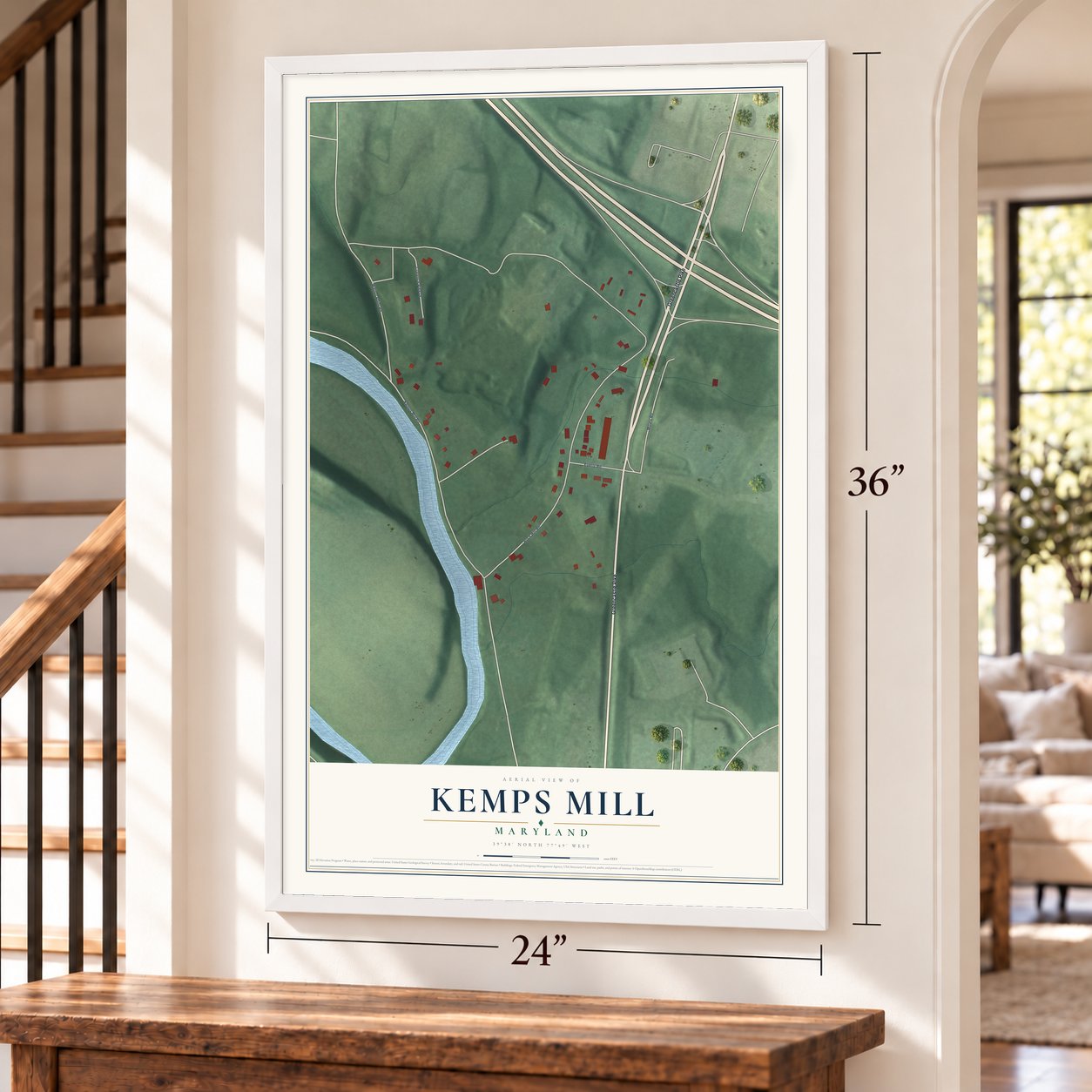 Kemps Mill, Maryland map, 24 x 36 inch print in a white frame by a staircase