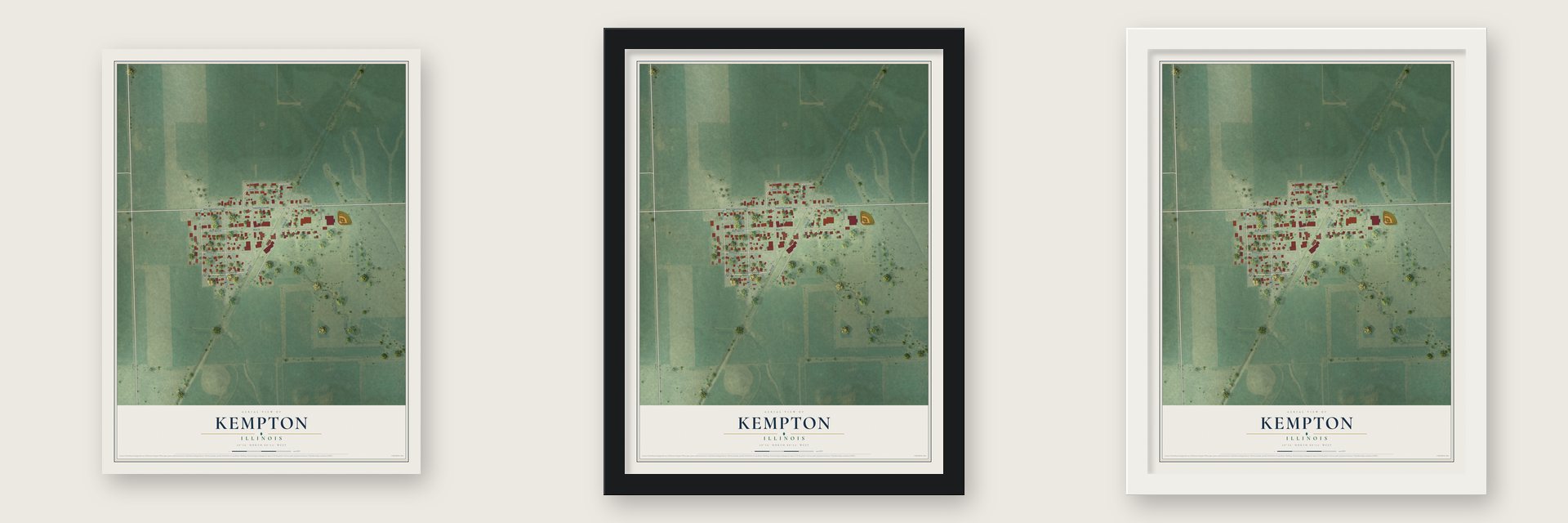 Kempton, Illinois map unframed, in a black wood frame and in a white wood frame