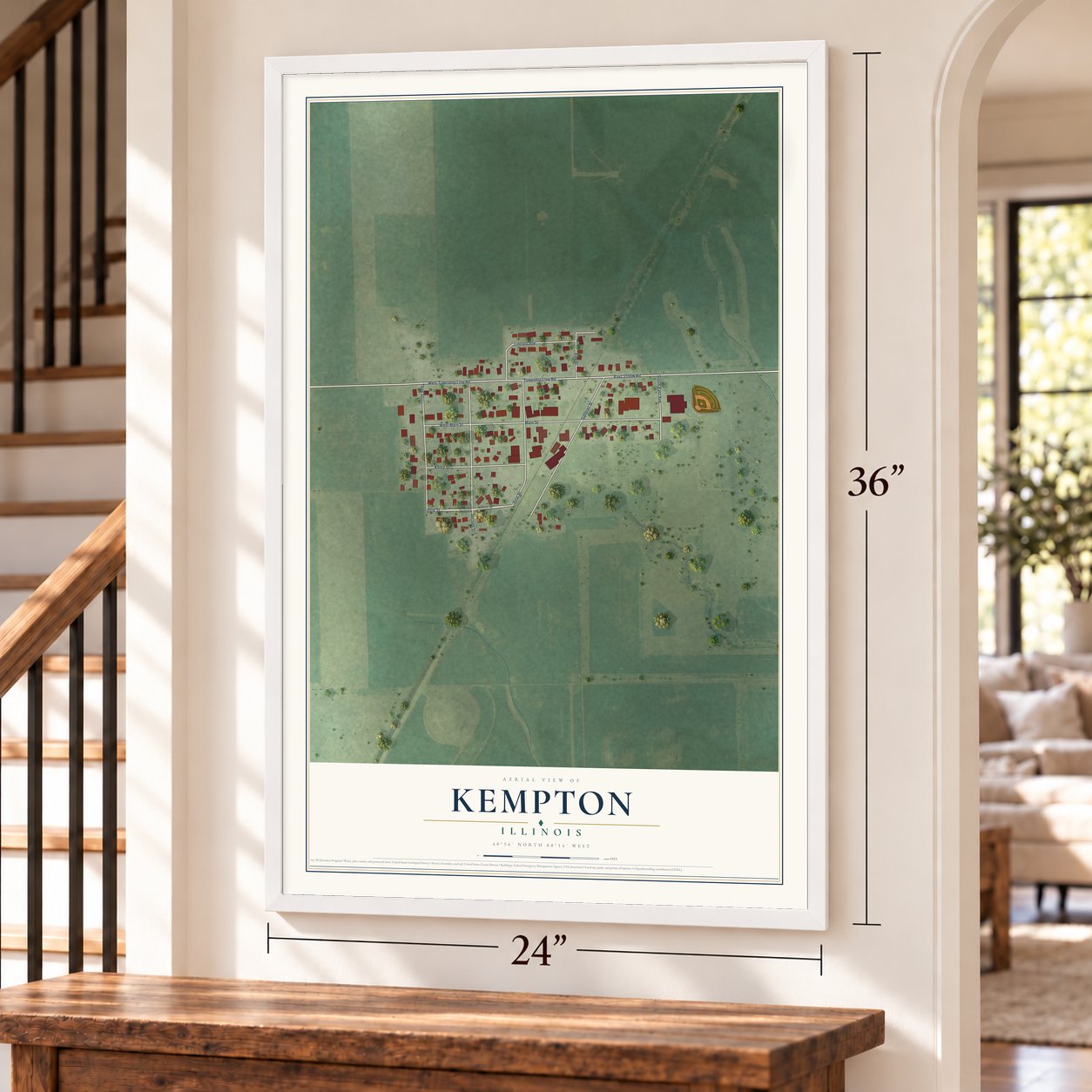 Kempton, Illinois map, 24 x 36 inch print in a white frame by a staircase