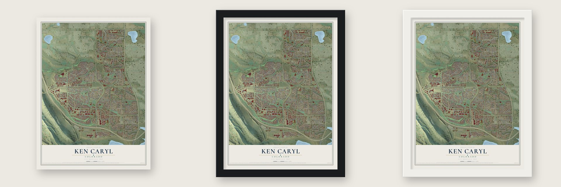 Ken Caryl, Colorado map unframed, in a black wood frame and in a white wood frame