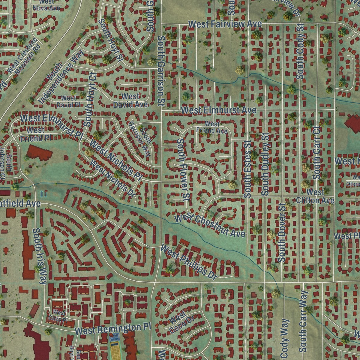 Second close-up of the map of Ken Caryl, Colorado print showing more streets and buildings
