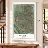 Ken Caryl, Colorado map, 24 x 36 inch print in a white frame by a staircase