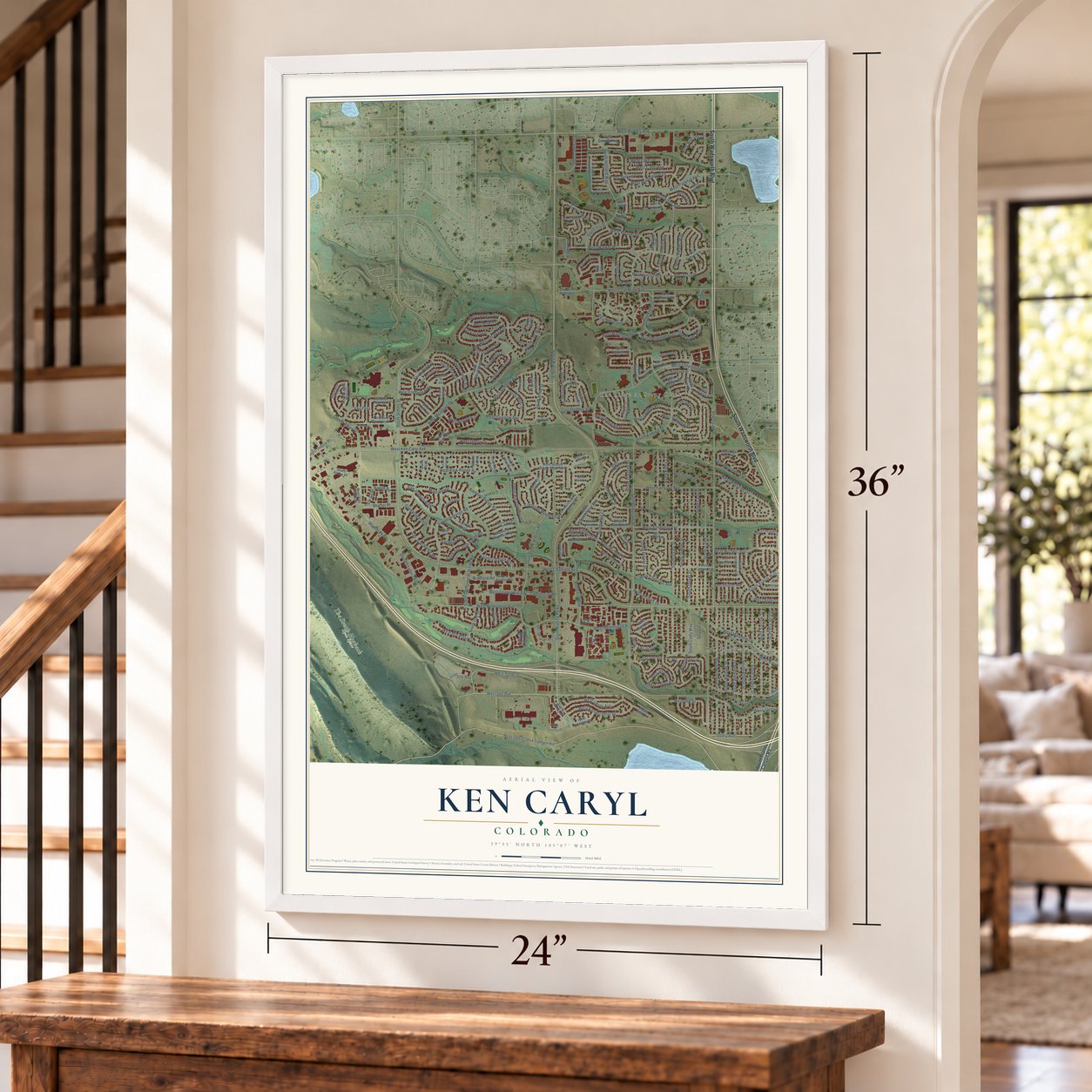 Ken Caryl, Colorado map, 24 x 36 inch print in a white frame by a staircase