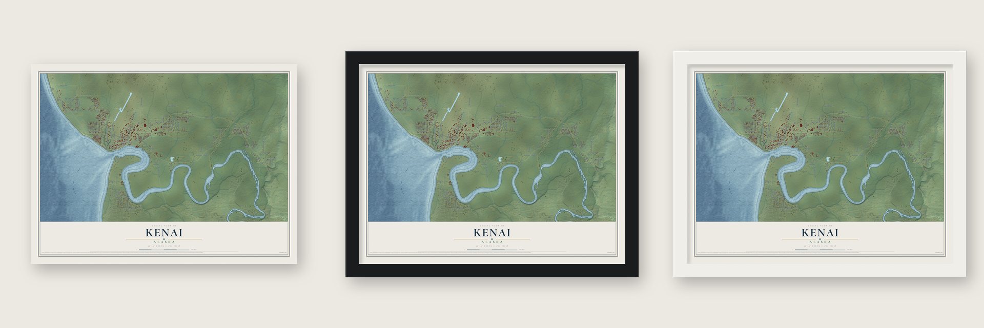 Kenai, Alaska map unframed, in a black wood frame and in a white wood frame