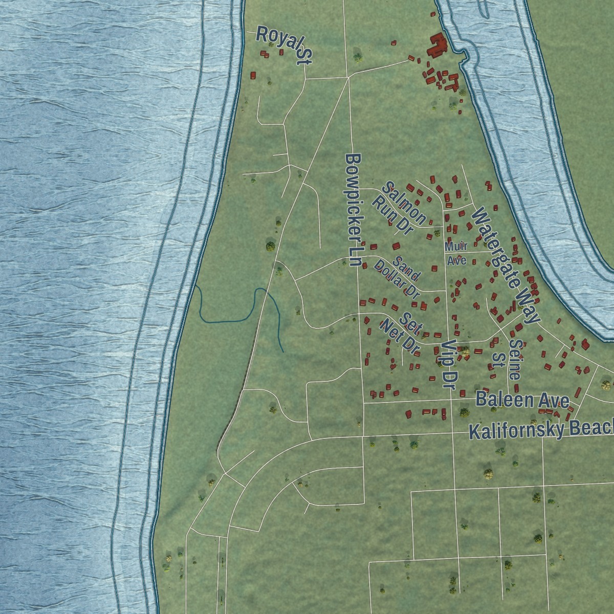 Second close-up of the map of Kenai, Alaska print showing more streets and buildings