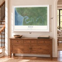 Kenai, Alaska map, 24 x 36 inch print in a white frame above a dresser by a staircase