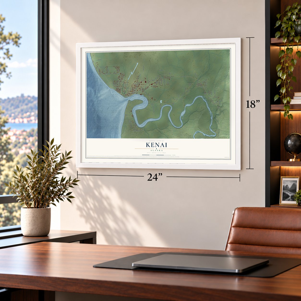 Kenai, Alaska map, 18 x 24 inch print in a white frame in a home office