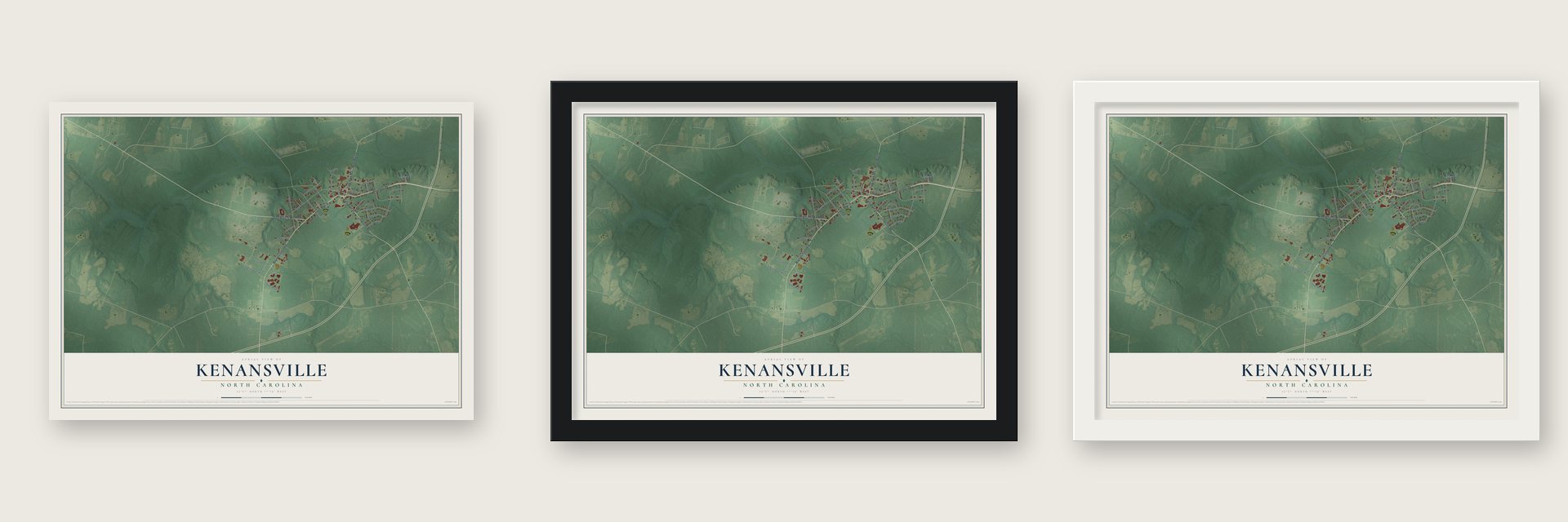 Kenansville, North Carolina map unframed, in a black wood frame and in a white wood frame