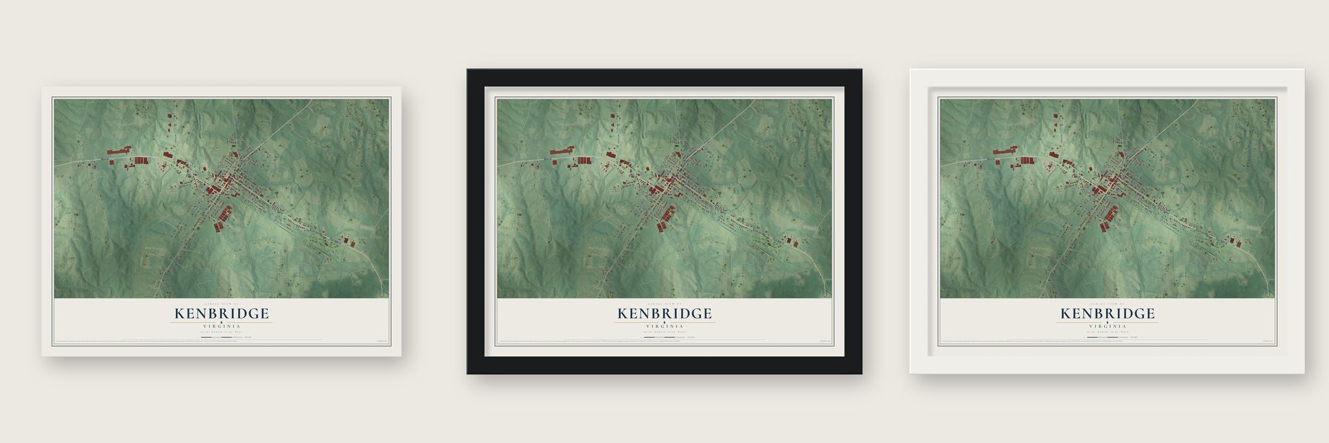 Kenbridge, Virginia map unframed, in a black wood frame and in a white wood frame