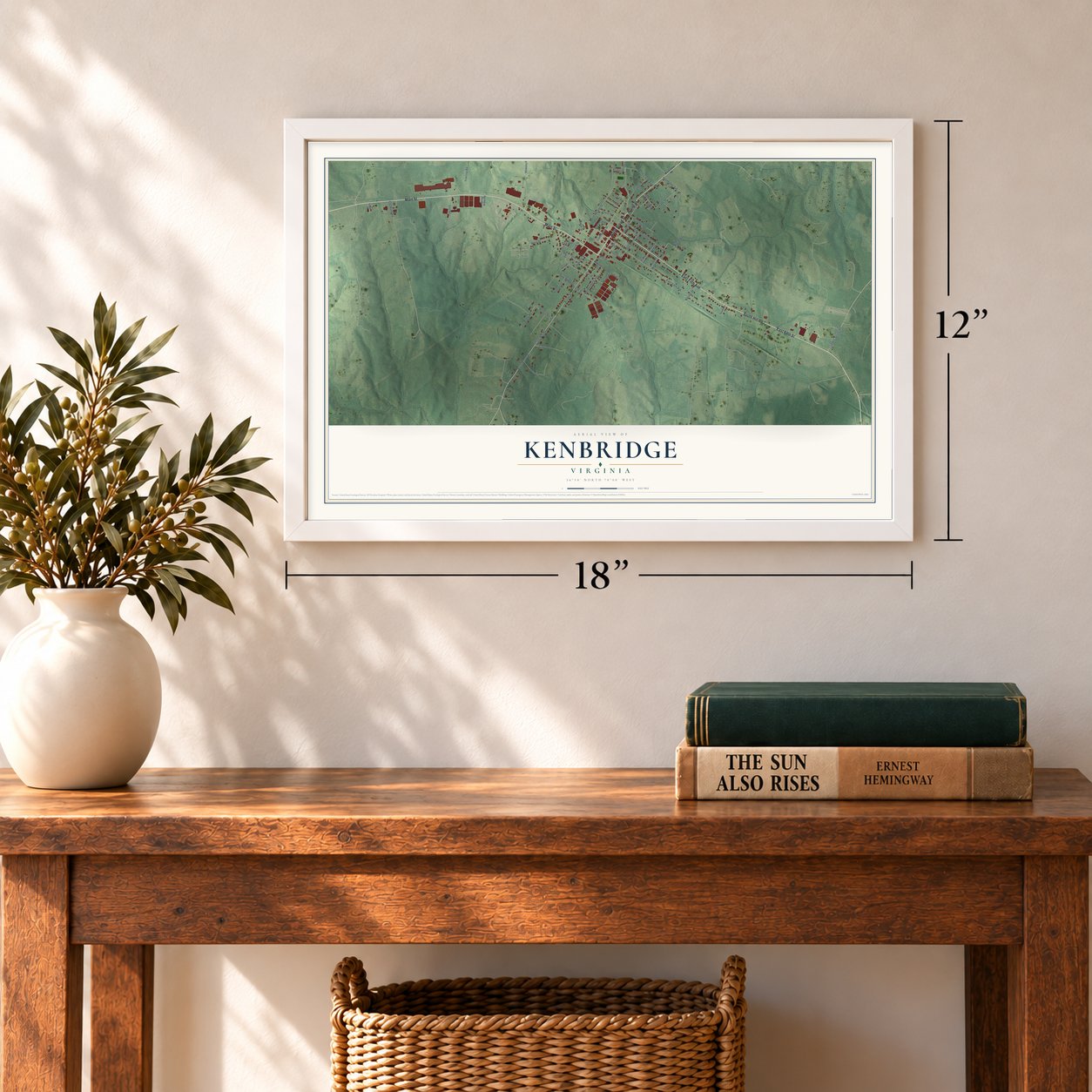 Kenbridge, Virginia map, 12 x 18 inch print in a white frame in an entryway