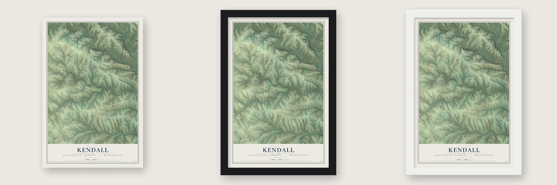 Kendall, Lafayette County, Wisconsin map unframed, in a black wood frame and in a white wood frame