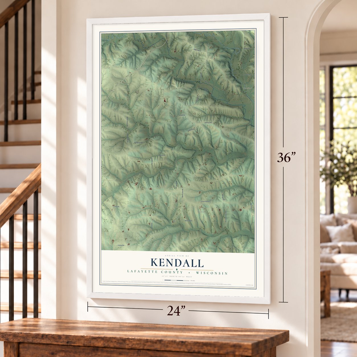 Kendall, Lafayette County, Wisconsin map, 24 x 36 inch print in a white frame by a staircase