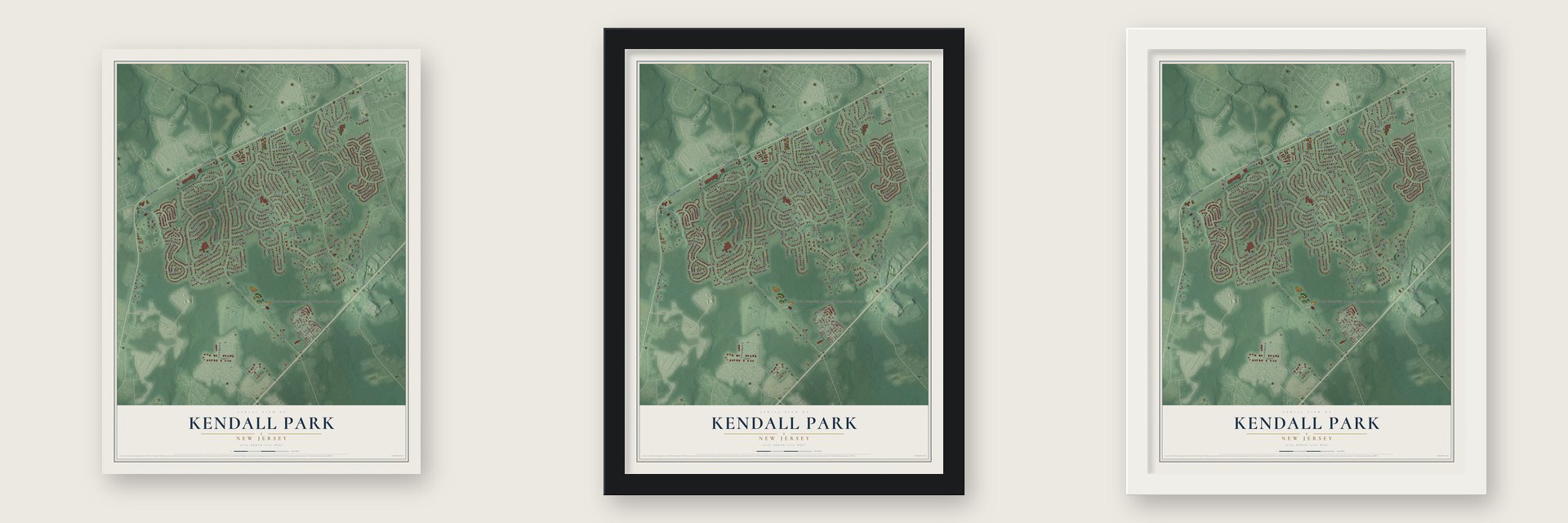 Kendall Park, New Jersey map unframed, in a black wood frame and in a white wood frame
