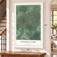 Kendall Park, New Jersey map, 24 x 36 inch print in a white frame by a staircase
