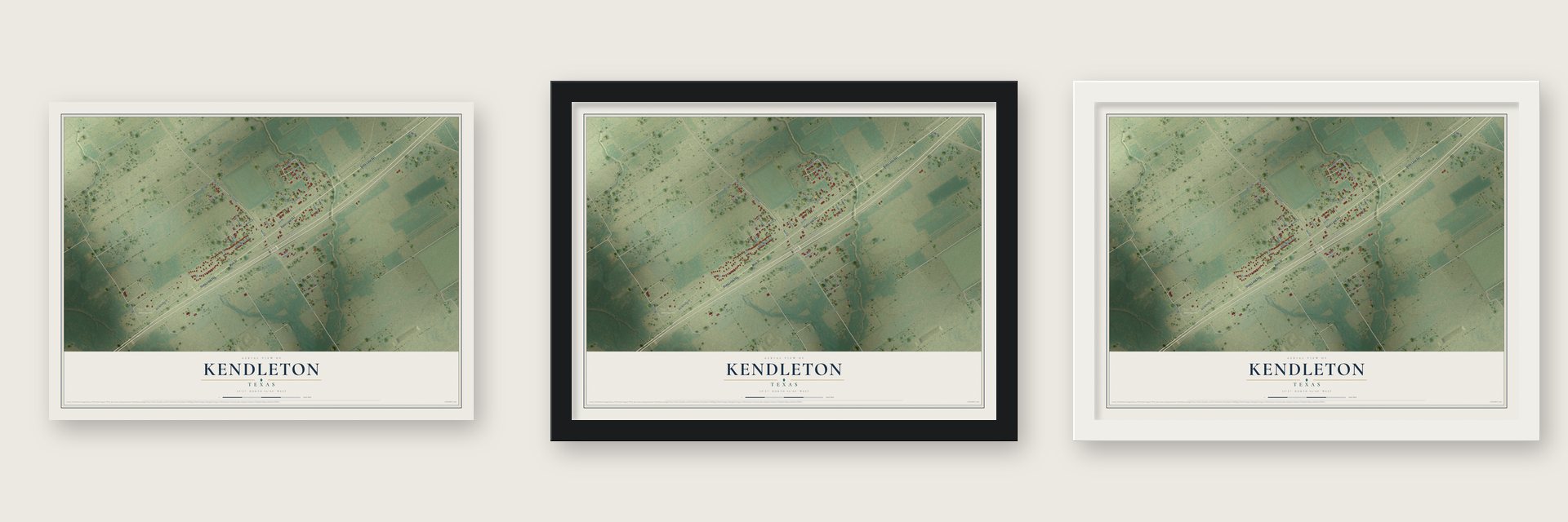Kendleton, Texas map unframed, in a black wood frame and in a white wood frame