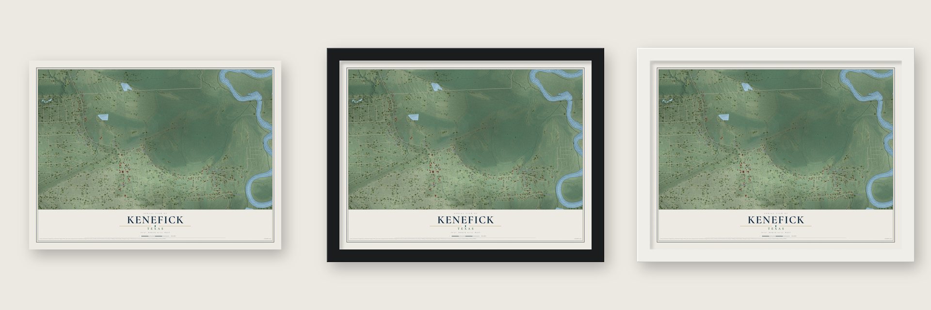 Kenefick, Texas map unframed, in a black wood frame and in a white wood frame