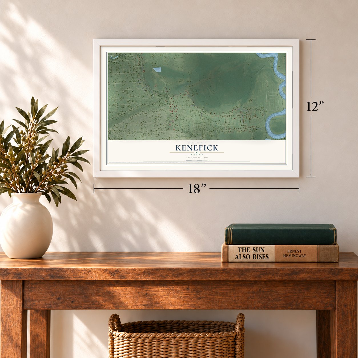 Kenefick, Texas map, 12 x 18 inch print in a white frame in an entryway