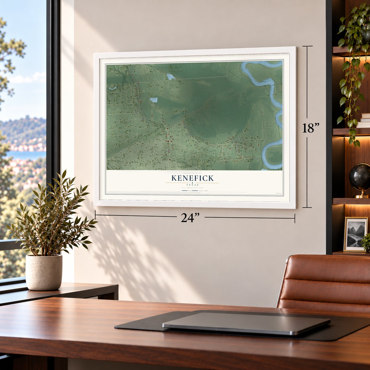 Kenefick, Texas map, 18 x 24 inch print in a white frame in a home office