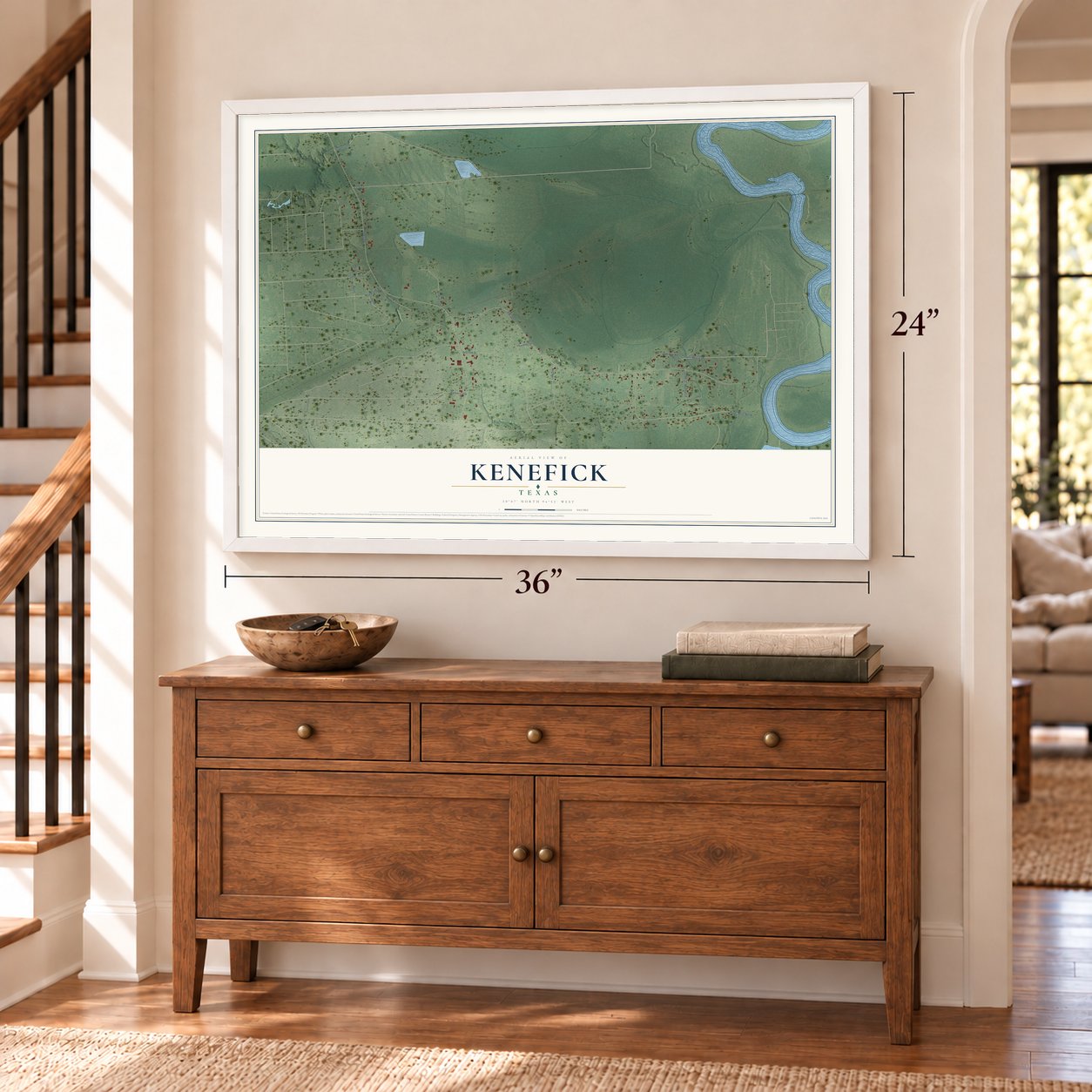 Kenefick, Texas map, 24 x 36 inch print in a white frame above a dresser by a staircase