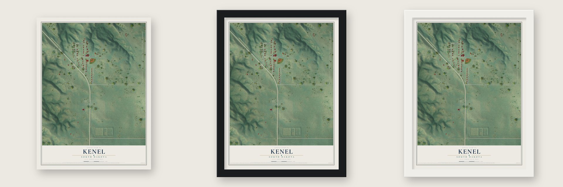 Kenel, South Dakota map unframed, in a black wood frame and in a white wood frame