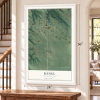 Kenel, South Dakota map, 24 x 36 inch print in a white frame by a staircase