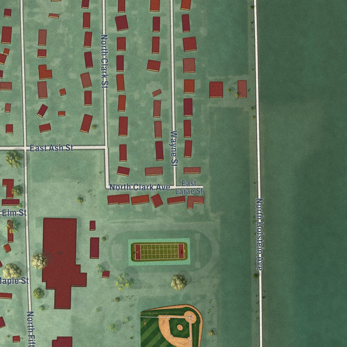 Second close-up of the map of Kenesaw, Nebraska print showing more streets and buildings