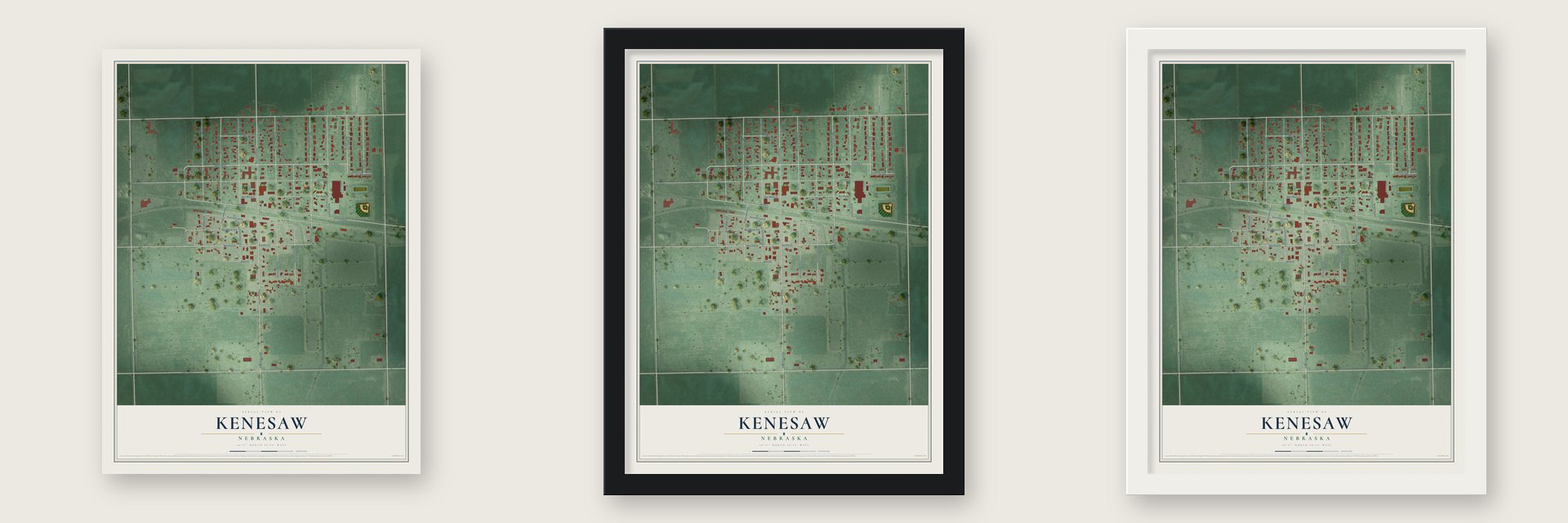 Kenesaw, Nebraska map unframed, in a black wood frame and in a white wood frame