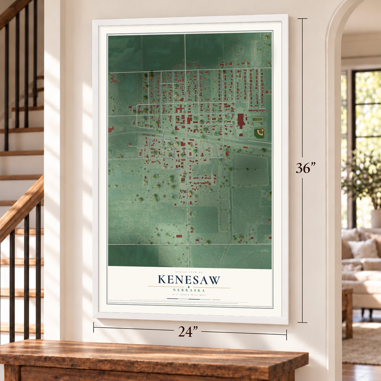Kenesaw, Nebraska map, 24 x 36 inch print in a white frame by a staircase