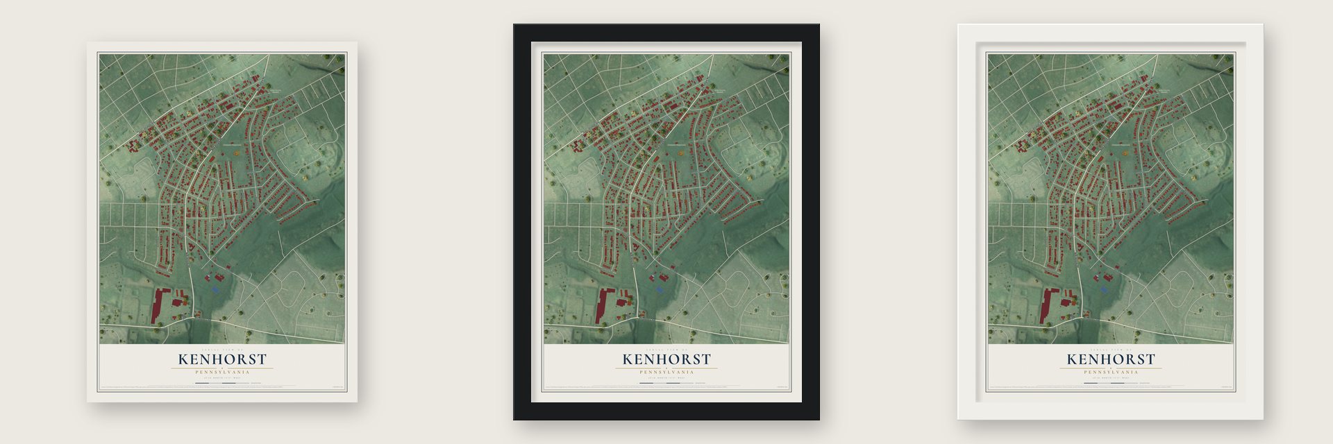 Kenhorst, Pennsylvania map unframed, in a black wood frame and in a white wood frame